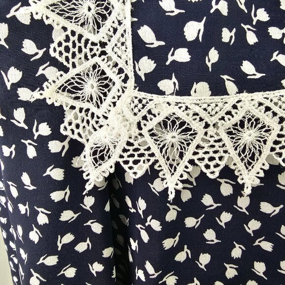 80s Puritan Collar Dress Blouson Drop Waist 3/4 Sleeve Navy White Act II Size 16 - Picture 5 of 12